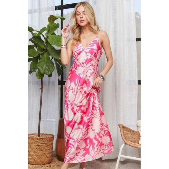 ADORA Print Spaghetti Strap Maxi Dress Pink - Picture 1 of 10